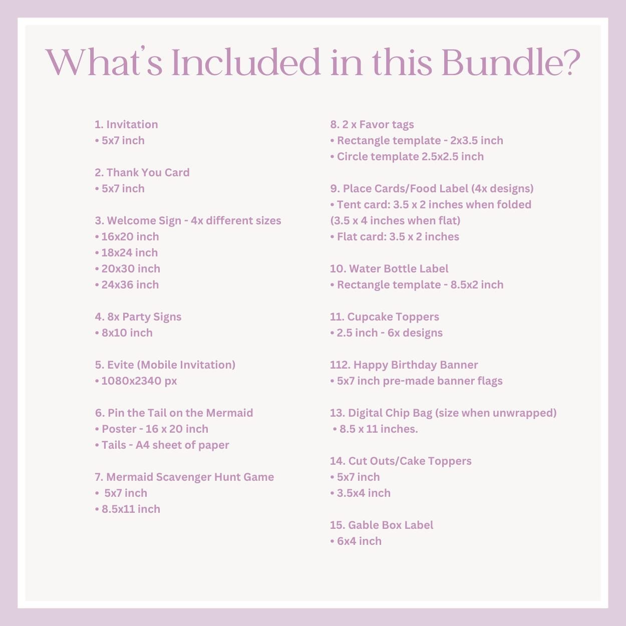 List of items included in a bundle on a light purple background