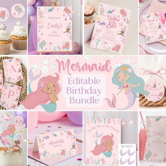 Collage of mermaid-themed birthday party decorations and invitations with pink and purple colors.
