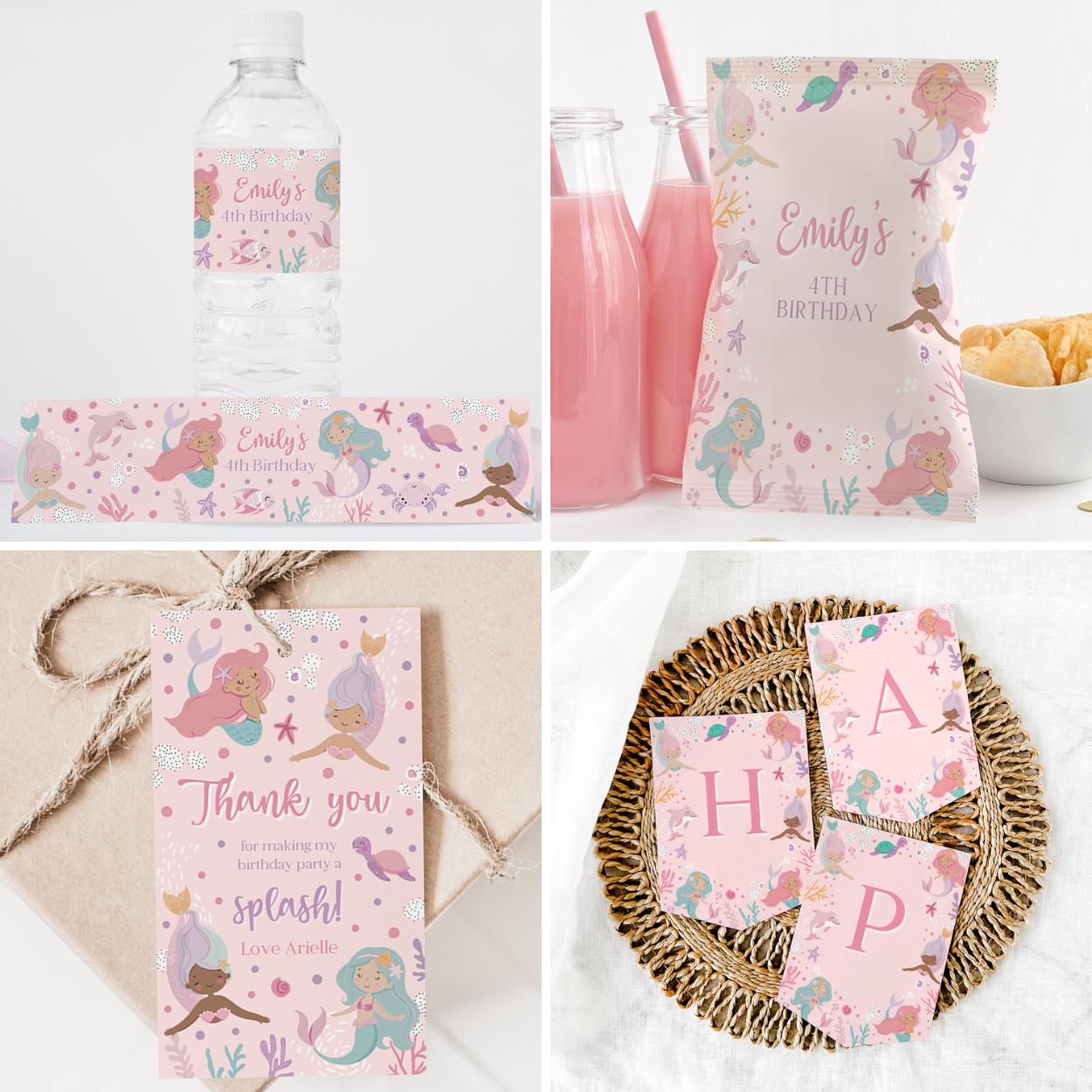 Collection of mermaid-themed party supplies including water bottle labels, favor bags, and thank you cards.