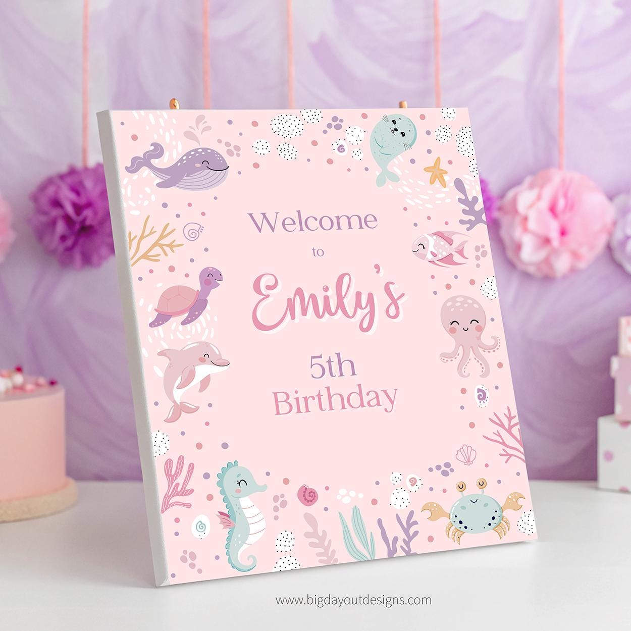 Girl's pastel pink sea creatures party sign