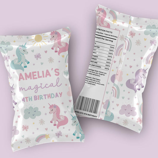 Editable unicorn party favor chip bag label