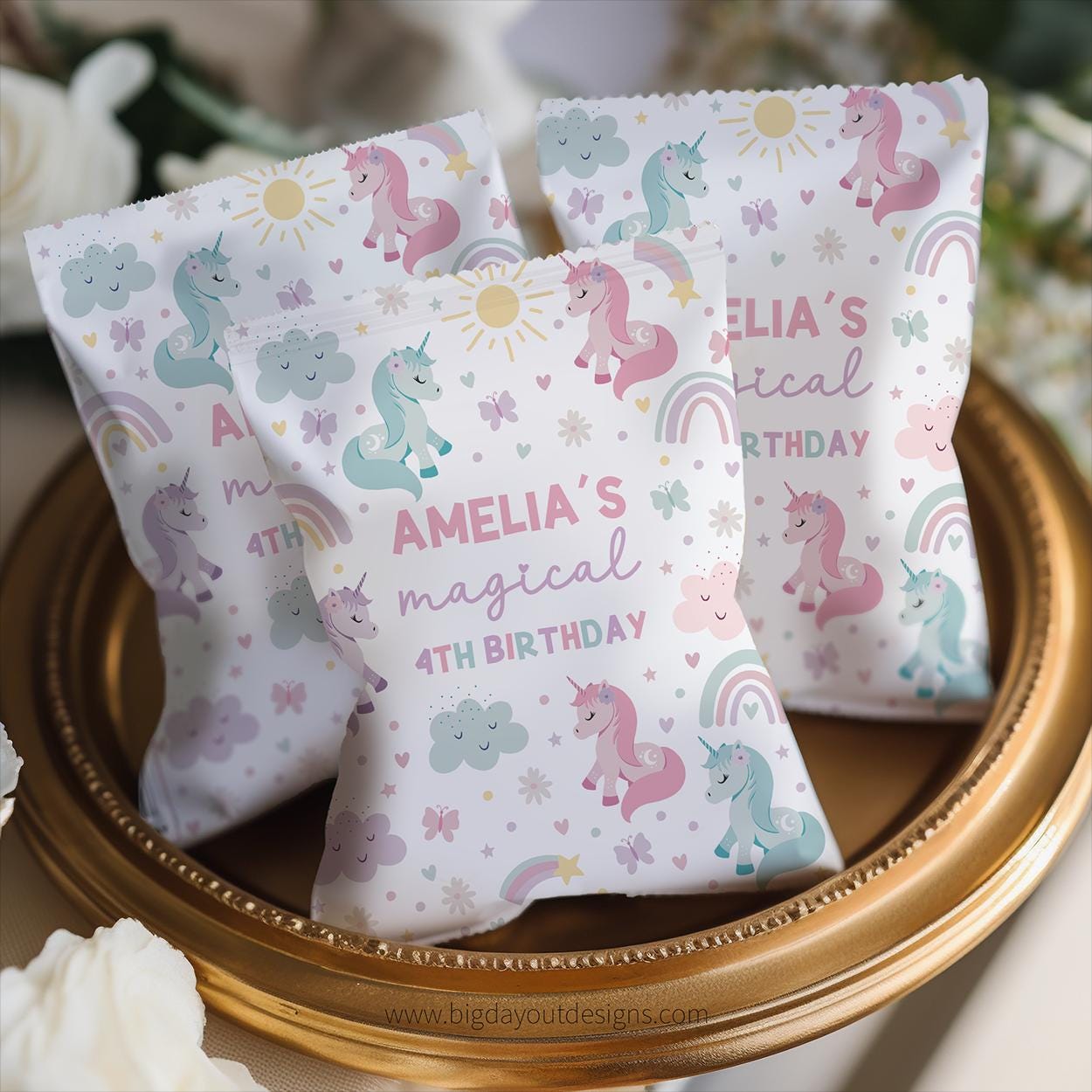 Printable chip bag for unicorn-themed birthday