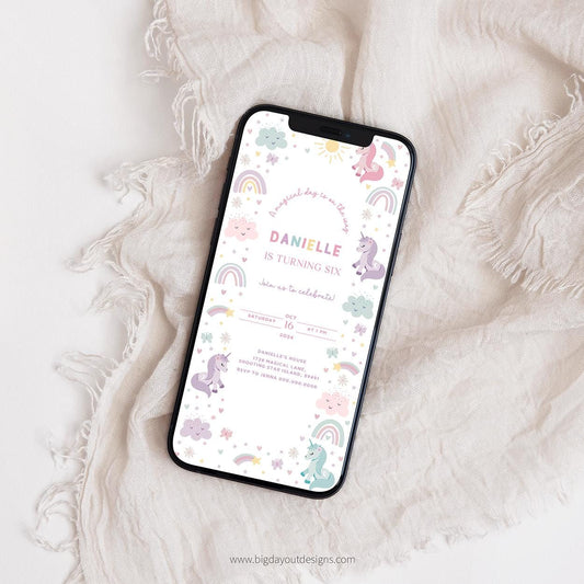 Editable pastel rainbow unicorn iPhone evite