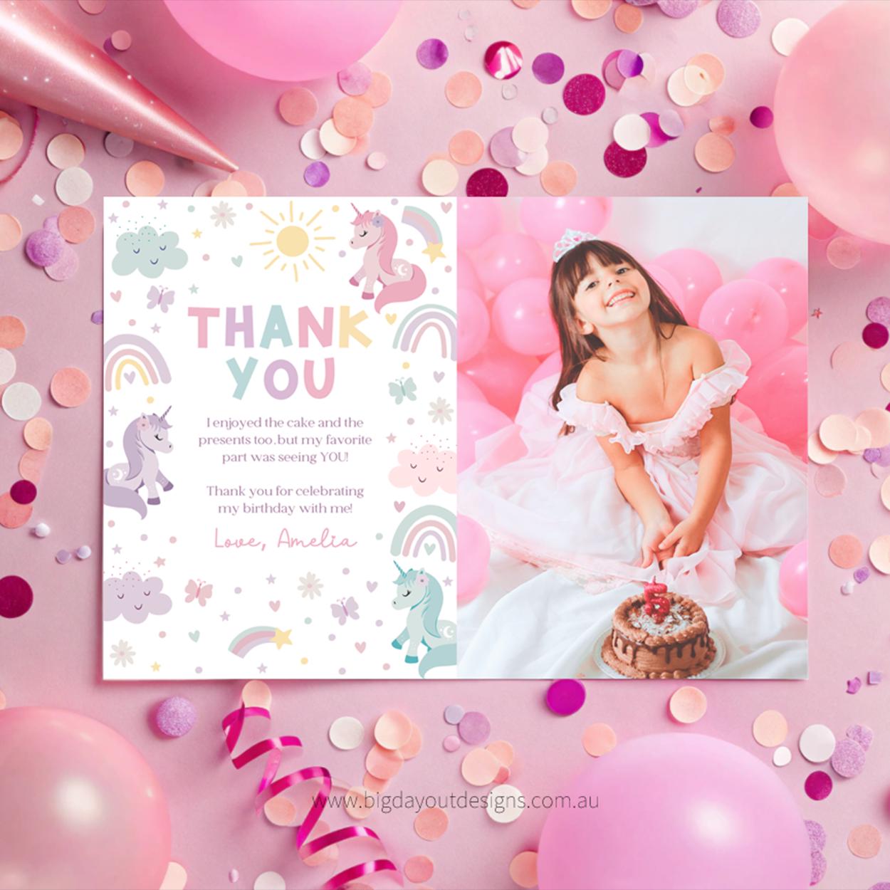 Printable magical unicorn party thank you card