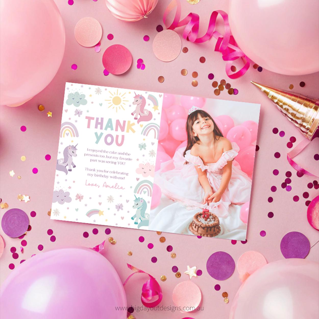 Cute pastel rainbow unicorn thank you note for girls