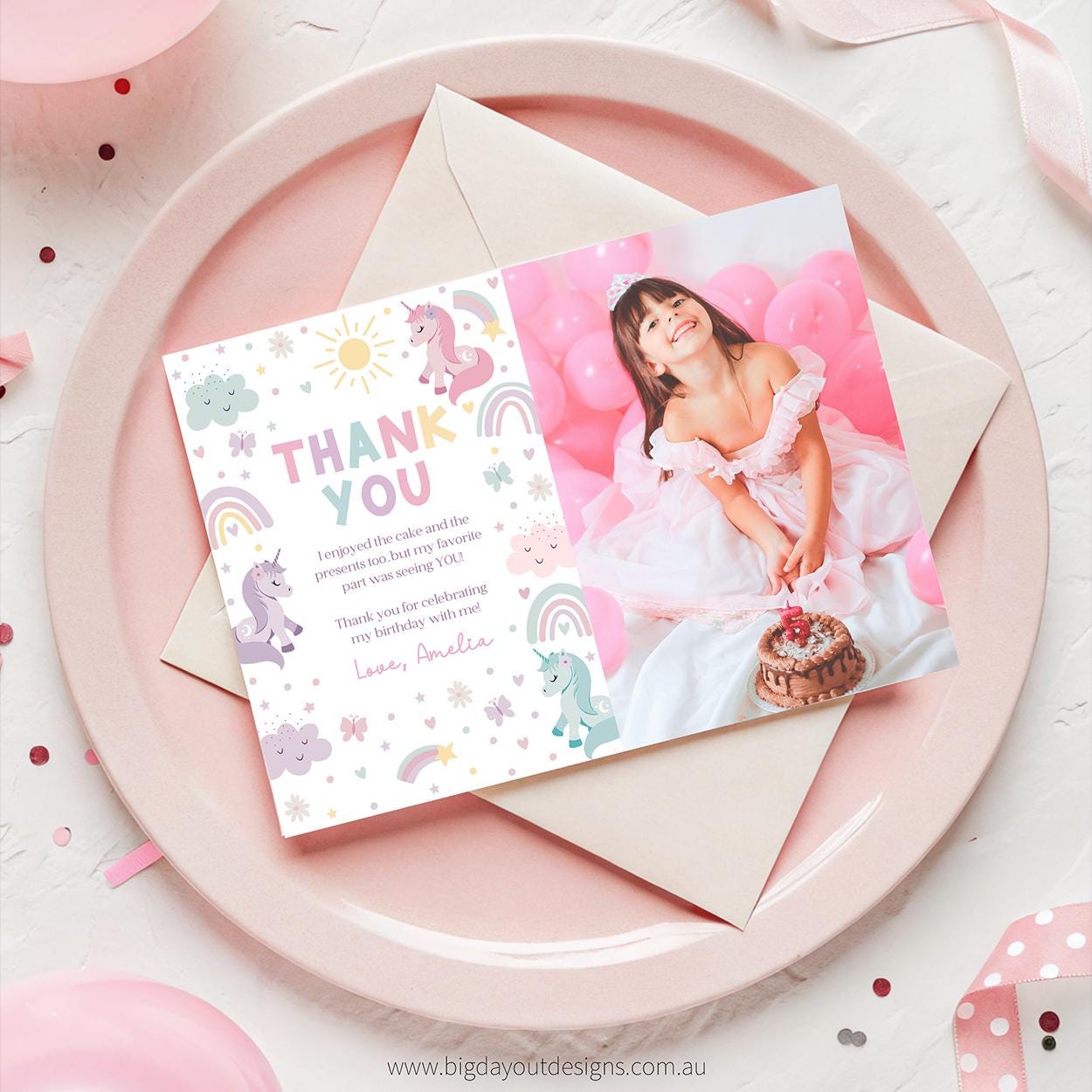 Kids unicorn thank you flat note card with picture