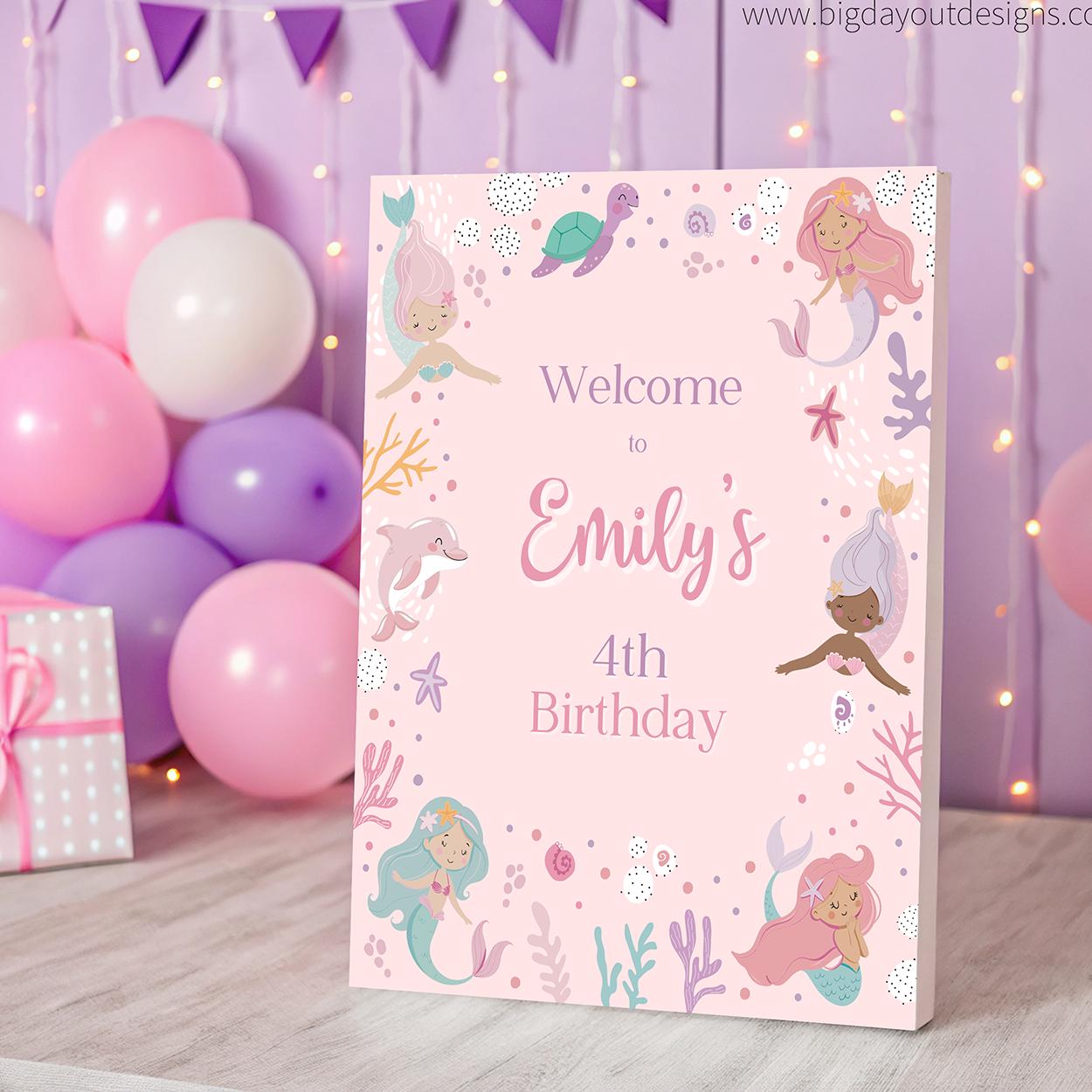 Birthday party sign with mermaid design and balloons in the background