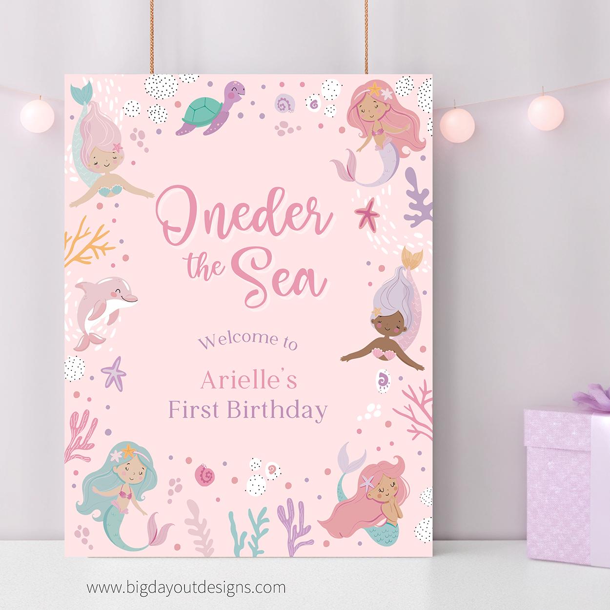 Invitation card with mermaid design and text for a birthday party on a pink background.