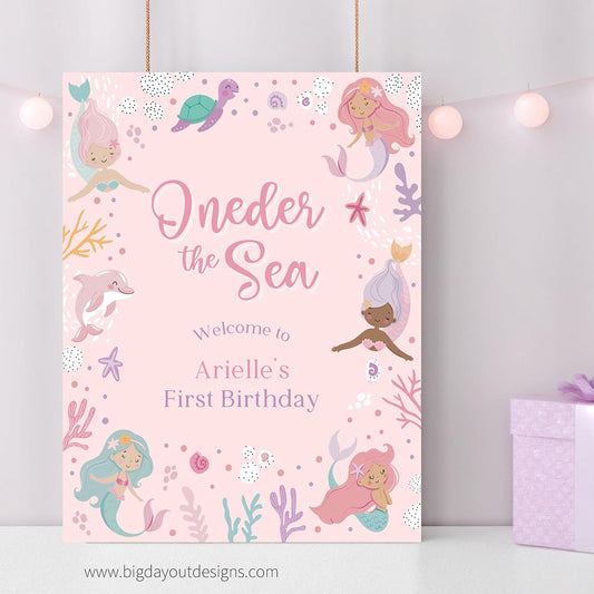 Invitation card with mermaid design and text for a birthday party on a pink background.