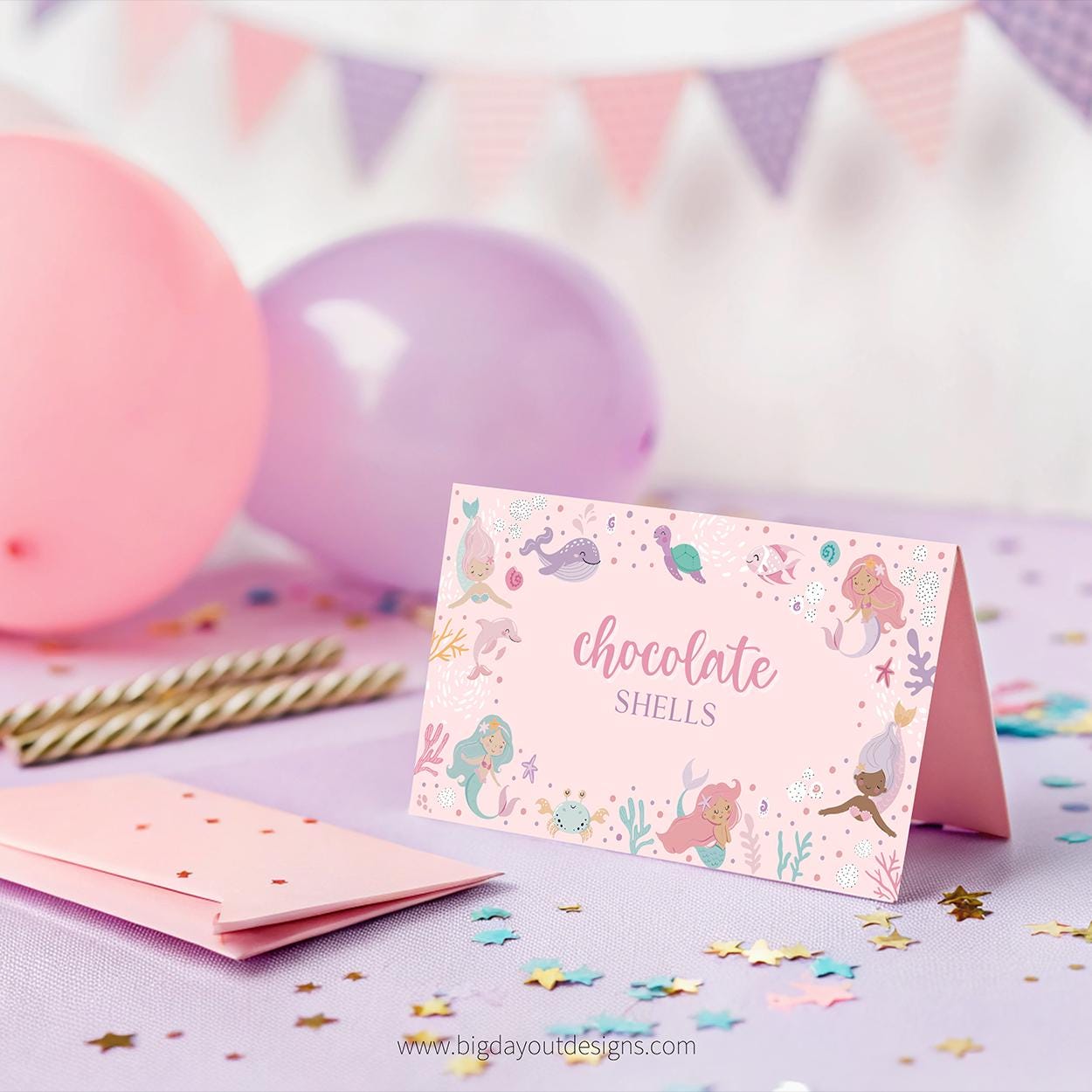 Mermaid-themed card with 'chocolate shells' text on a festive background with balloons and confetti.