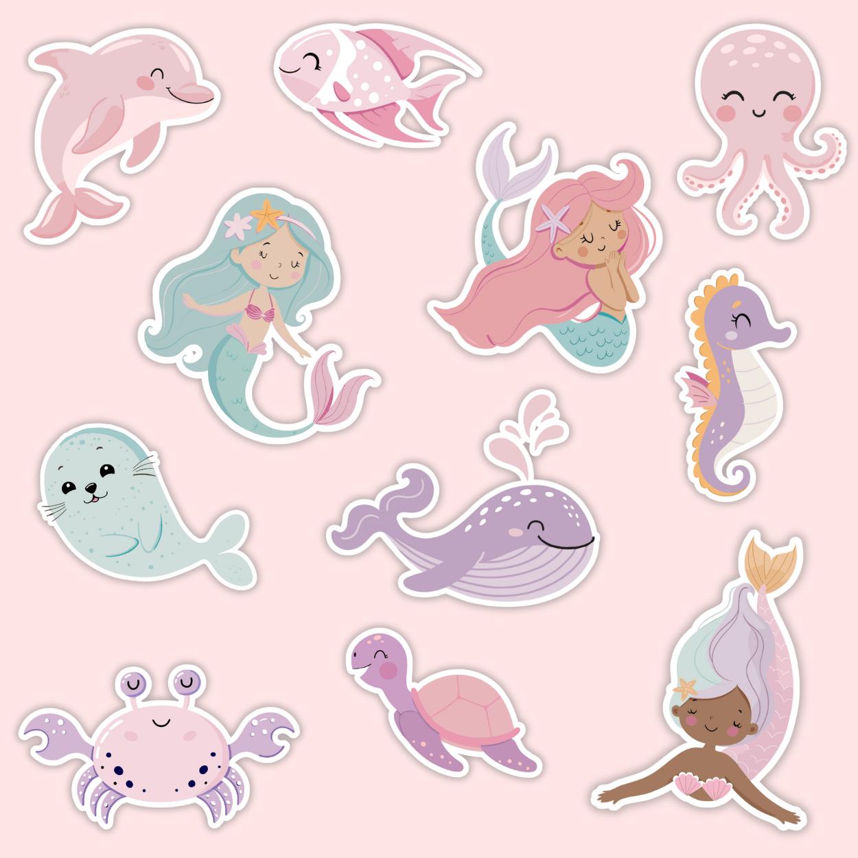 Set of cute ocean-themed stickers with mermaids, dolphins, and other sea creatures on a pink background.
