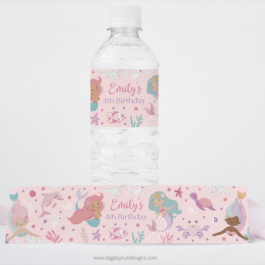 Personalized water bottle label with mermaid design and text on a white background