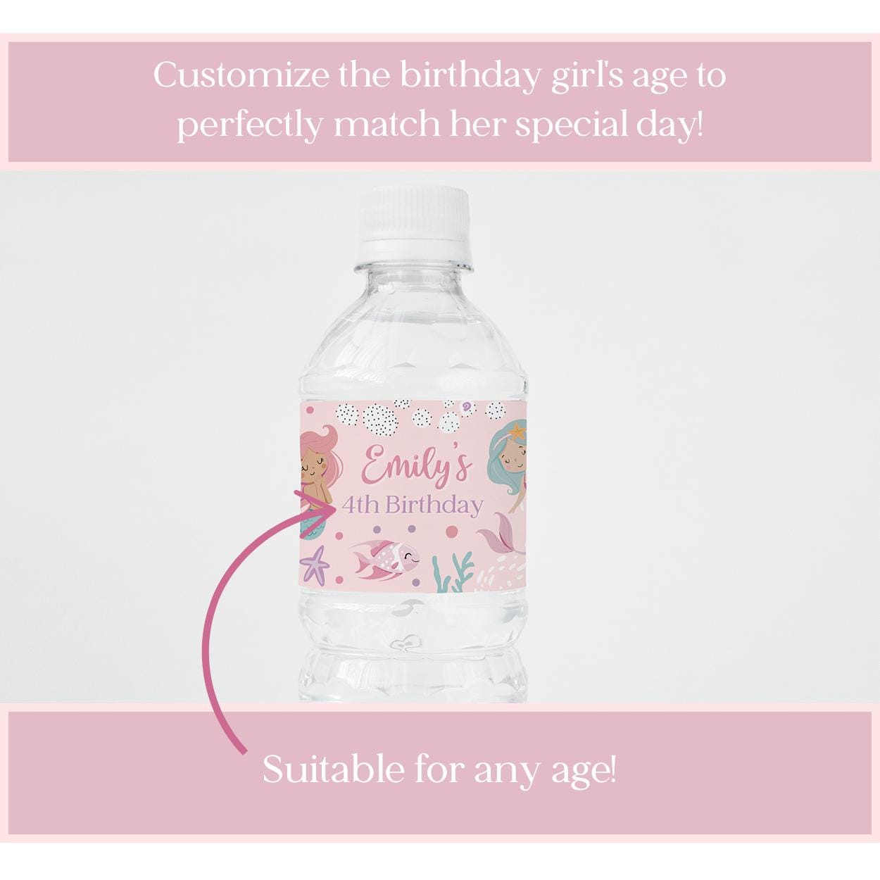 Personalized water bottle label for a birthday girl with mermaid design and text.