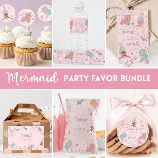 Mermaid-themed party favor bundle with cupcakes, water bottle labels, and gift tags.