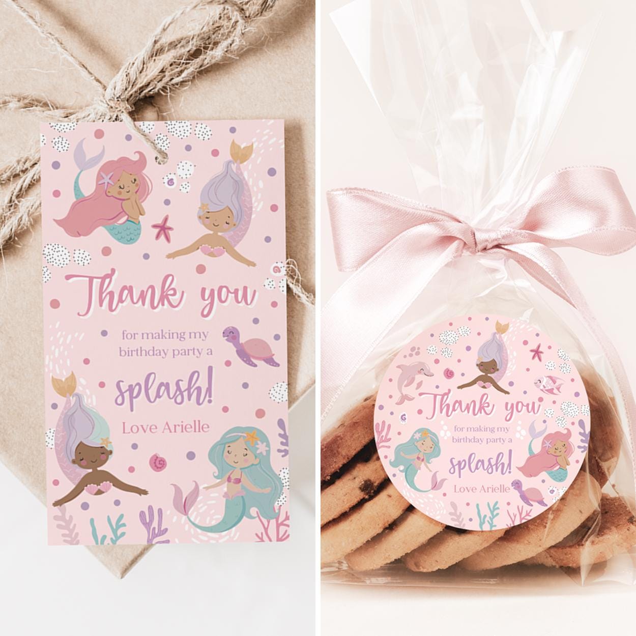 Mermaid-themed thank you tag and sticker with a pink ribbon on a beige background
