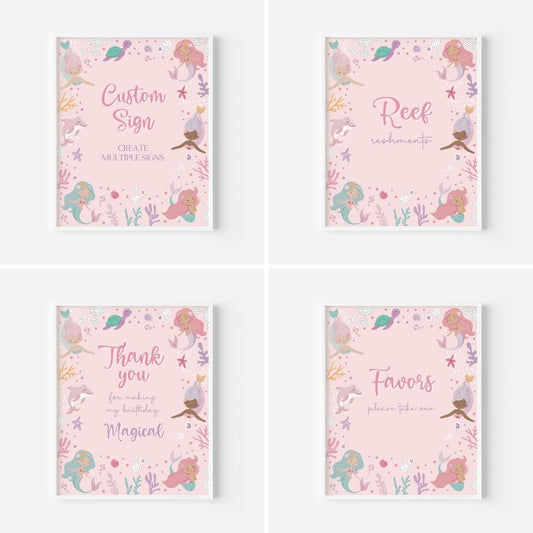 Four pink mermaid-themed signs with text on a white background