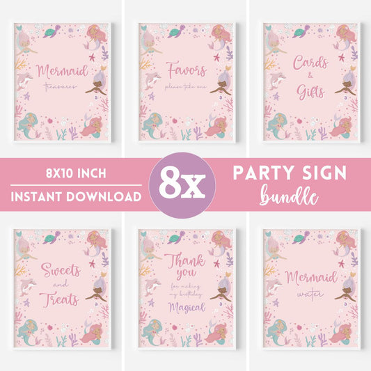 Mermaid-themed party sign bundle with text on a pink background