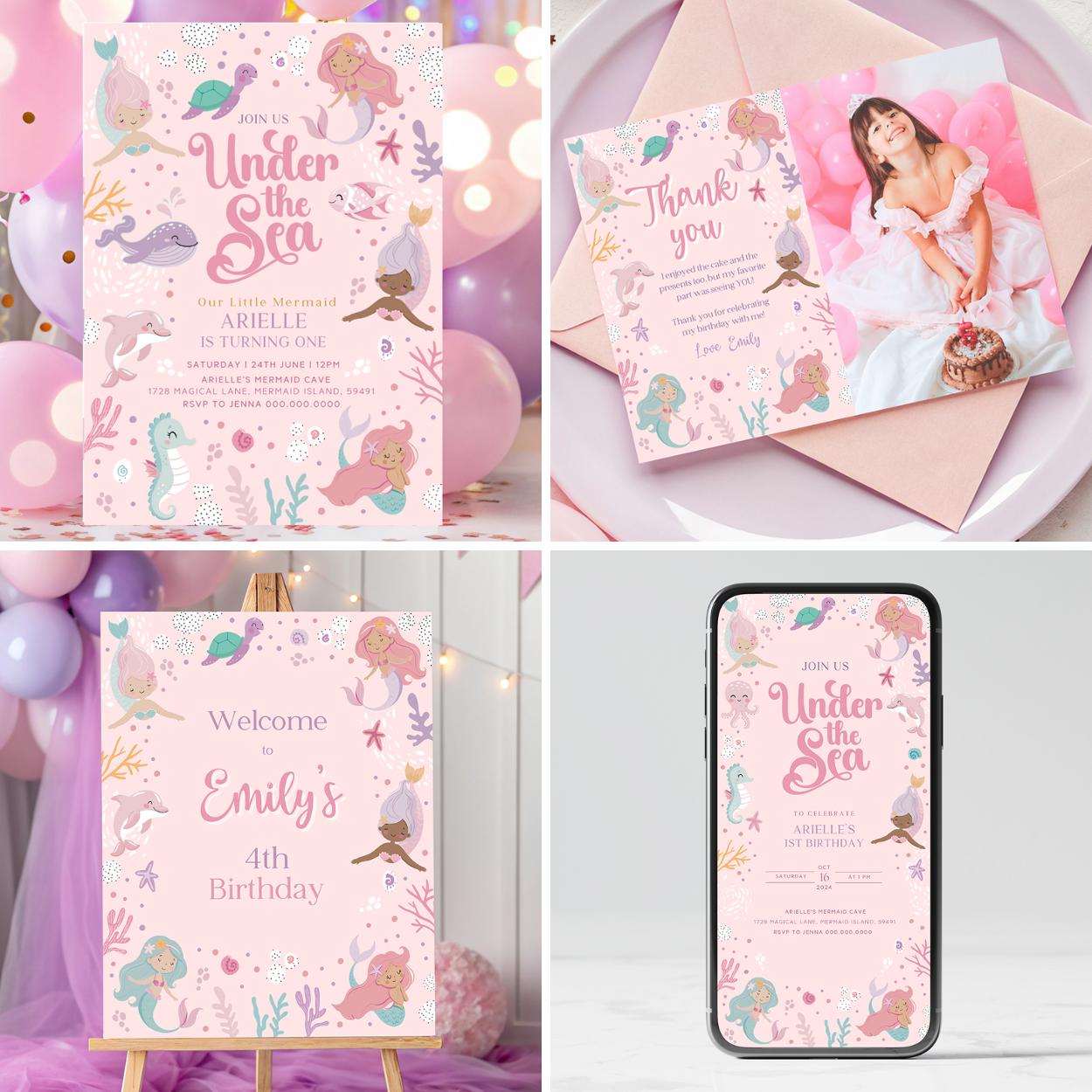 Collection of mermaid-themed birthday invitations and decorations on a pink background.