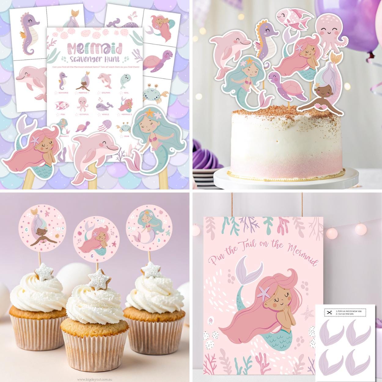Mermaid-themed party decorations including cake toppers, cupcake toppers, and printables on a pastel background.