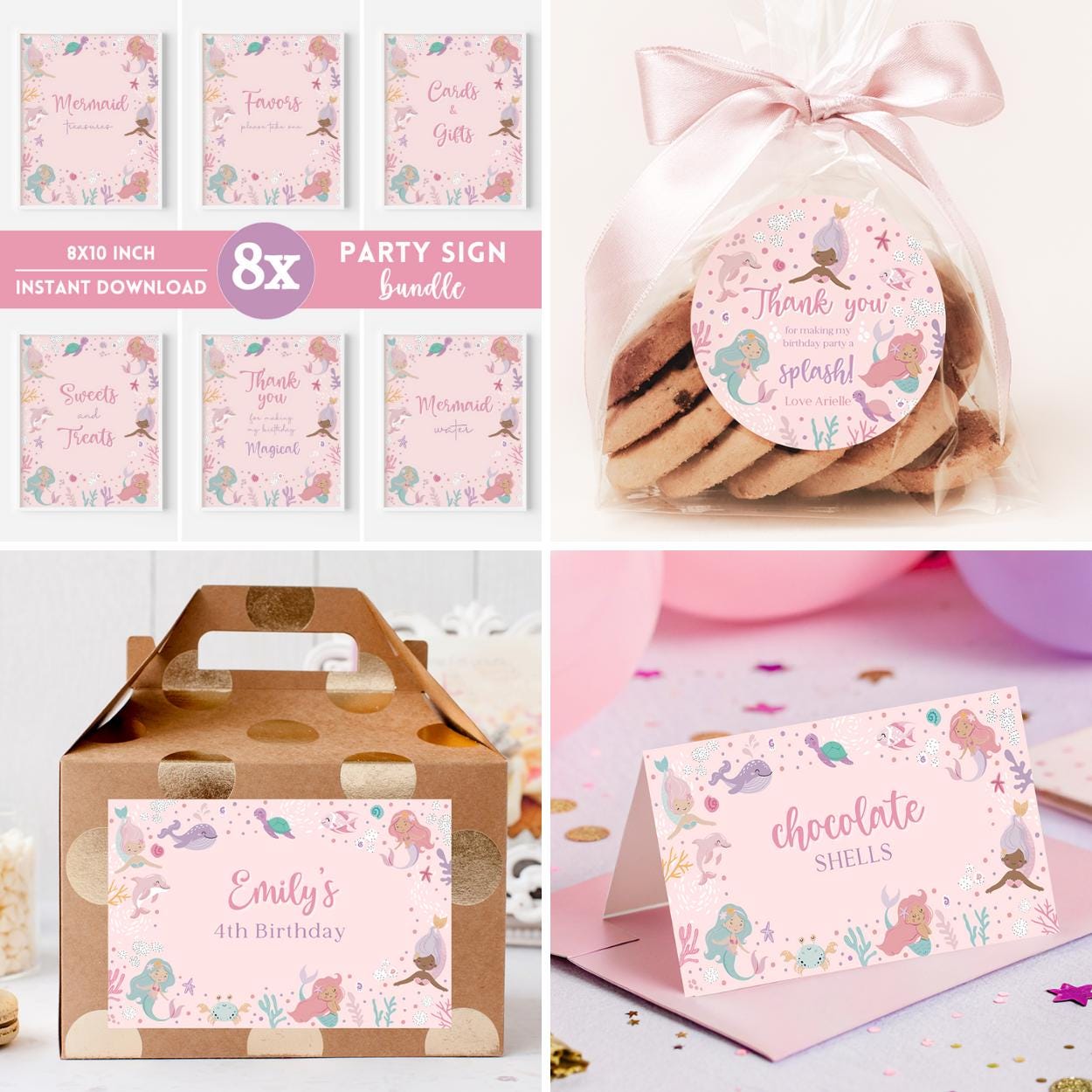 Mermaid-themed party signs and packaging with pink and gold accents.
