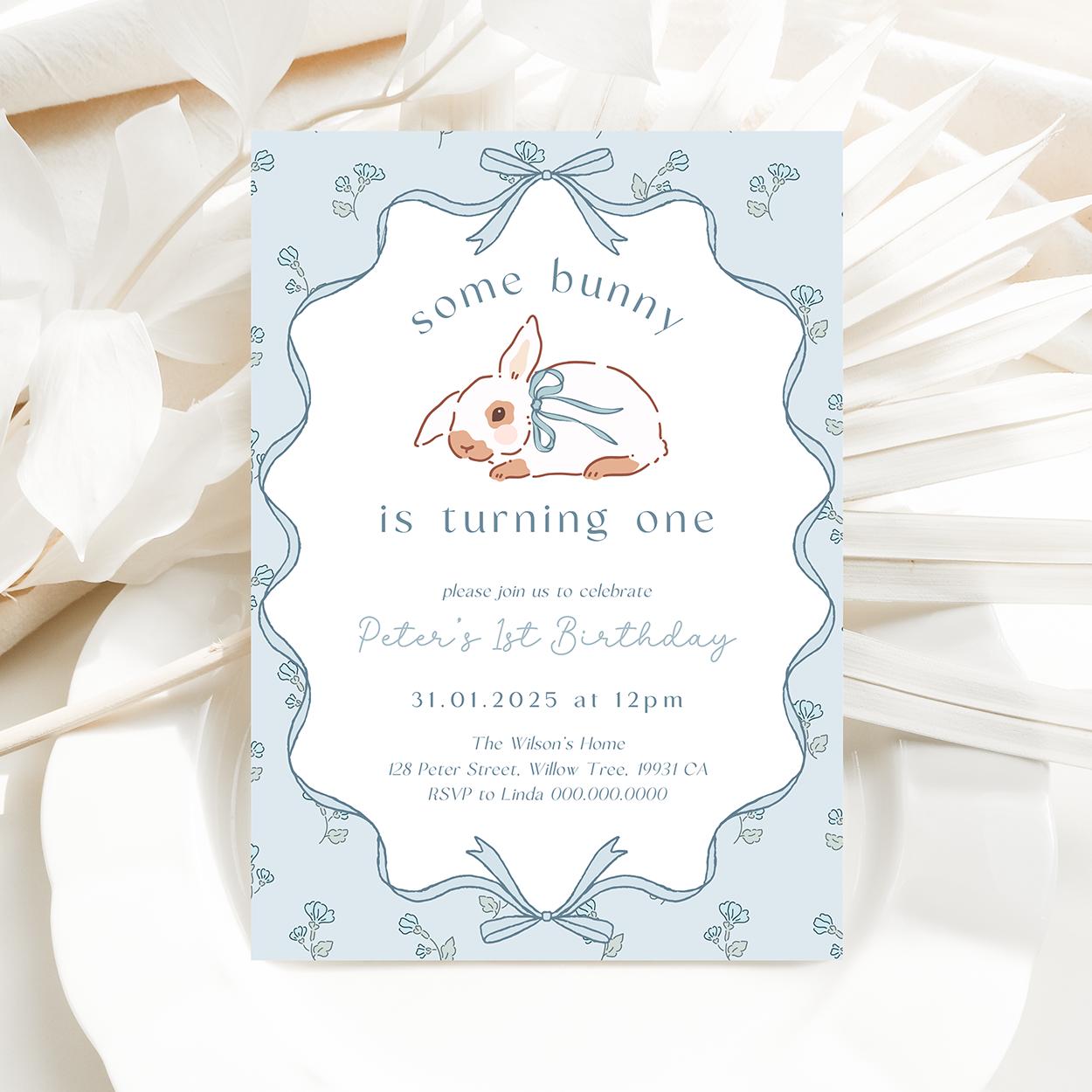 Blue bow bunny 1st birthday digital invitation