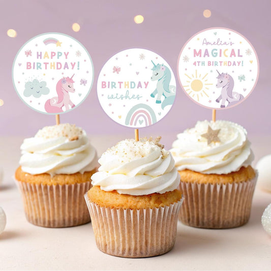 Editable pastel unicorn cupcake decorations for birthday