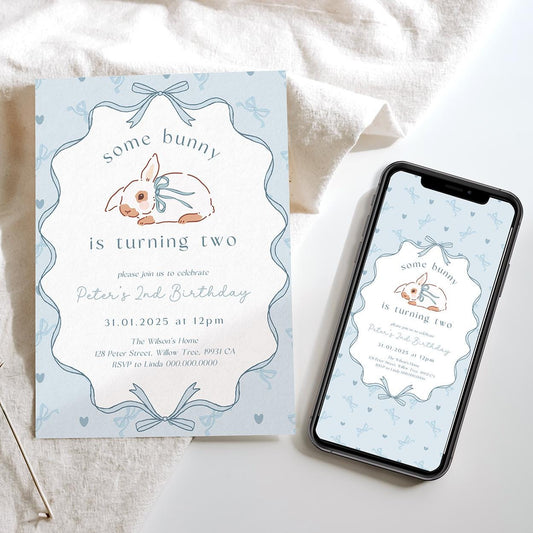 Blue coquette bow bunny birthday invite