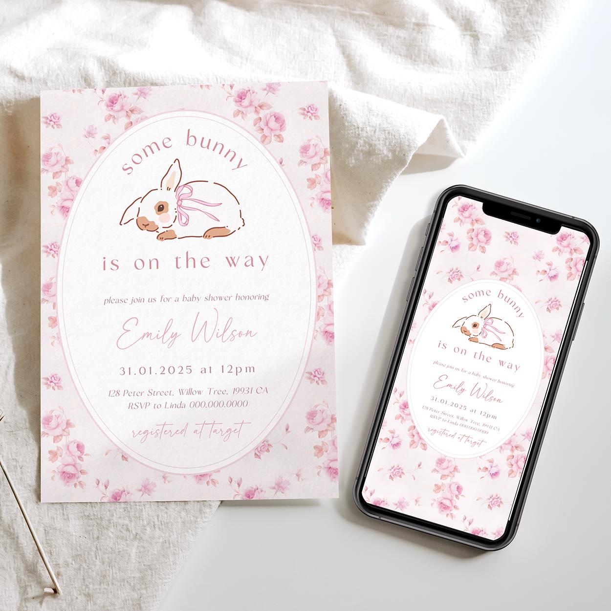Pink bow bunny baby shower invite