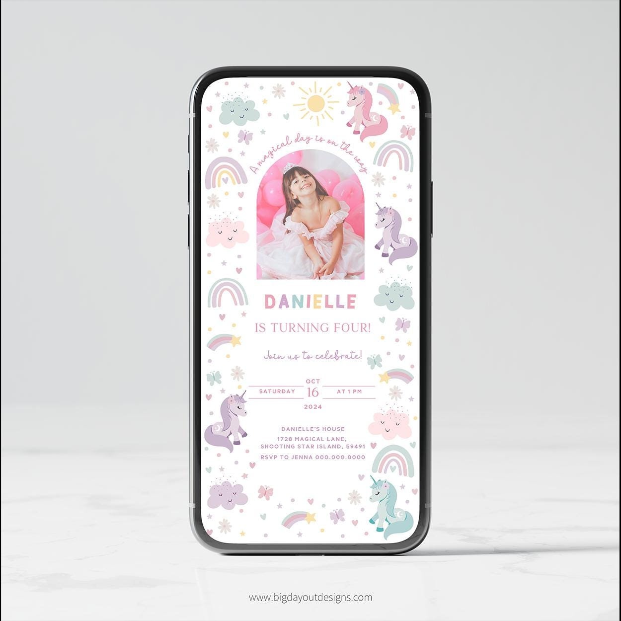 Unicorn birthday invitation with picture