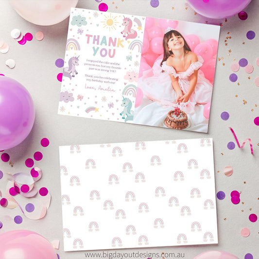 Editable unicorn birthday thank you card template