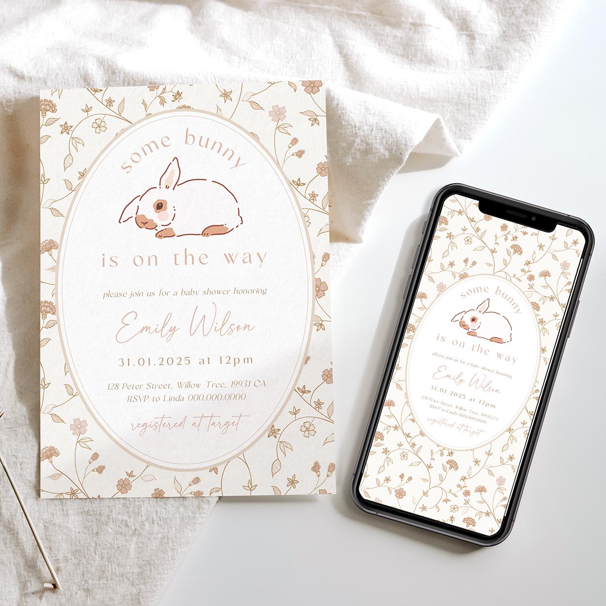 Editable vintage bunny baby shower invite template