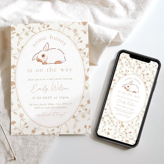Editable vintage bunny baby shower invite template