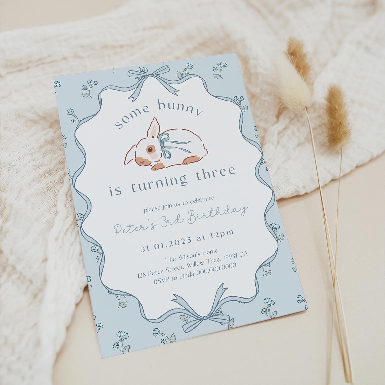 Floral coquette bunny turning three party template