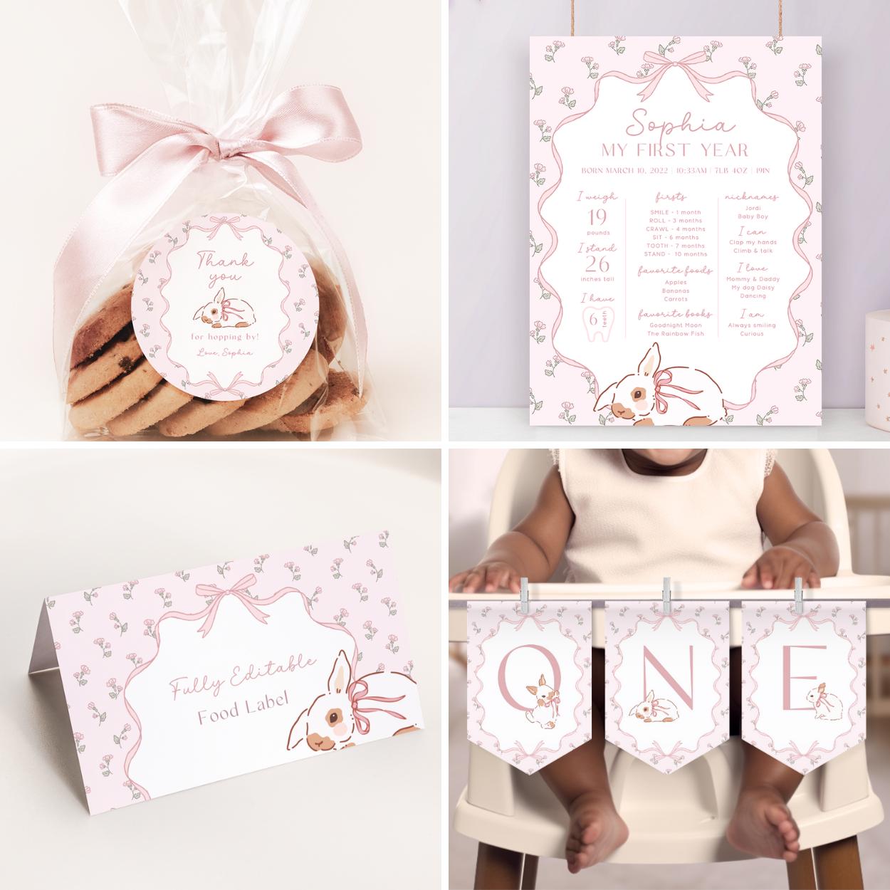 Editable bunny party invitations for girl’s 1st birthday