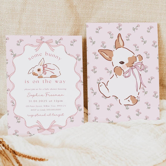 Editable pink bow Easter bunny invite