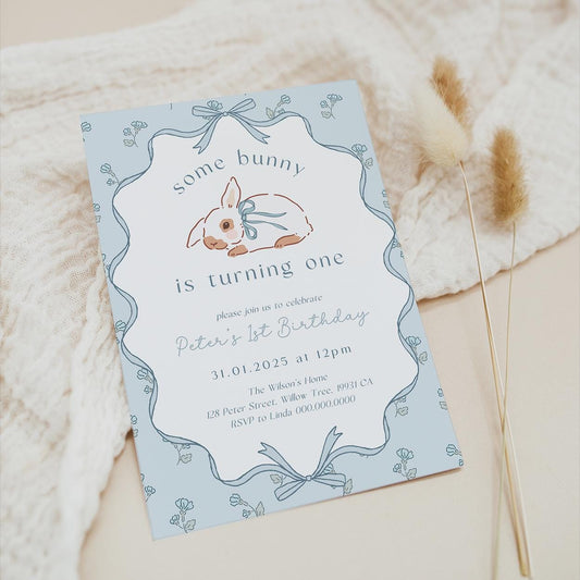 Vintage bunny first birthday boy invite