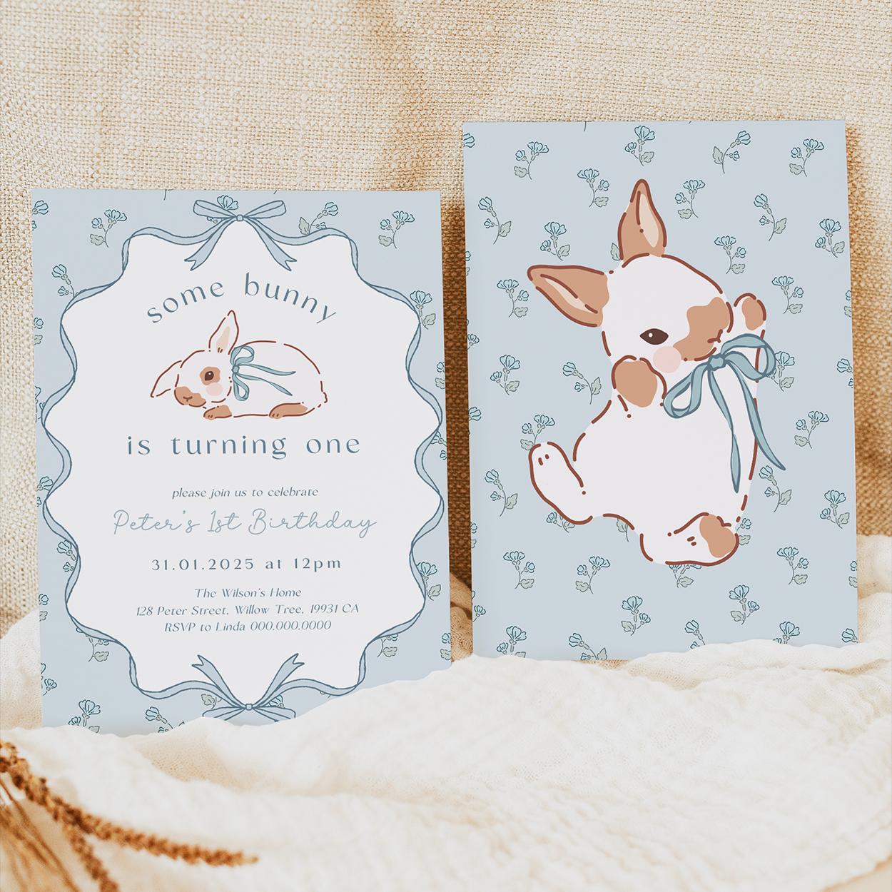 Some Bunny is One blue coquette invitation