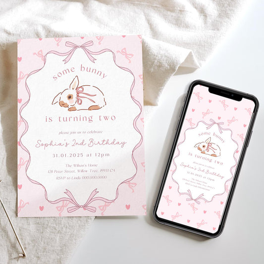 Pink bow bunny birthday invite