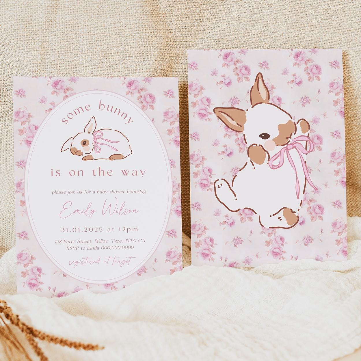 Printable girl bunny baby shower card