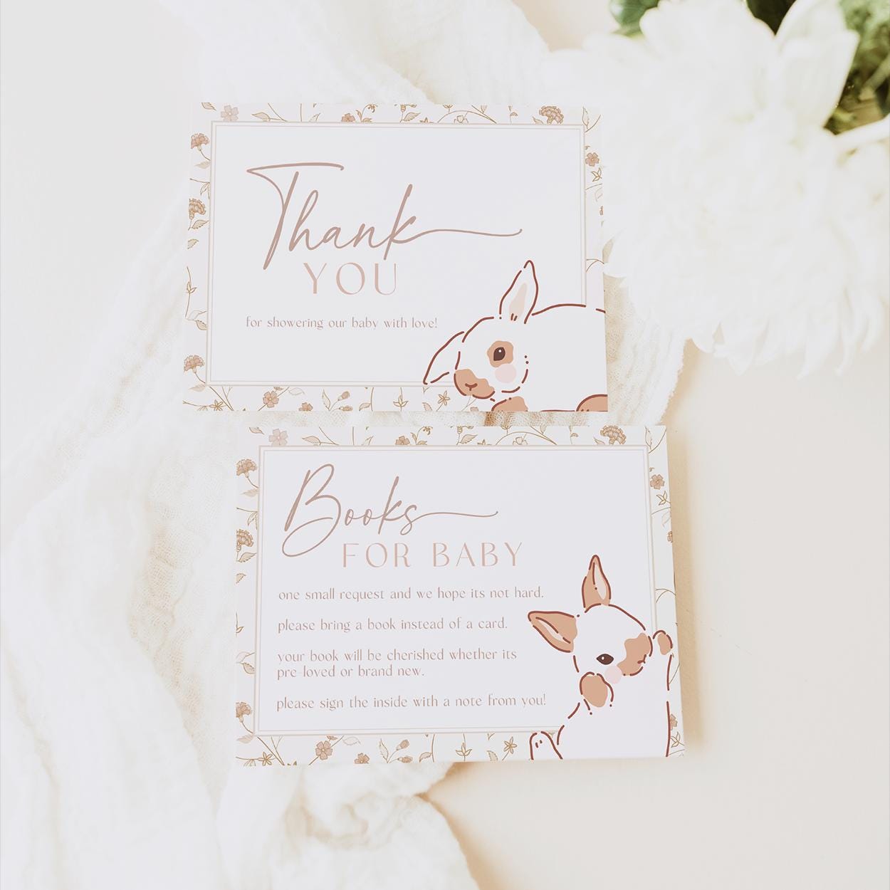 Spring baby shower invitation with floral bunny design