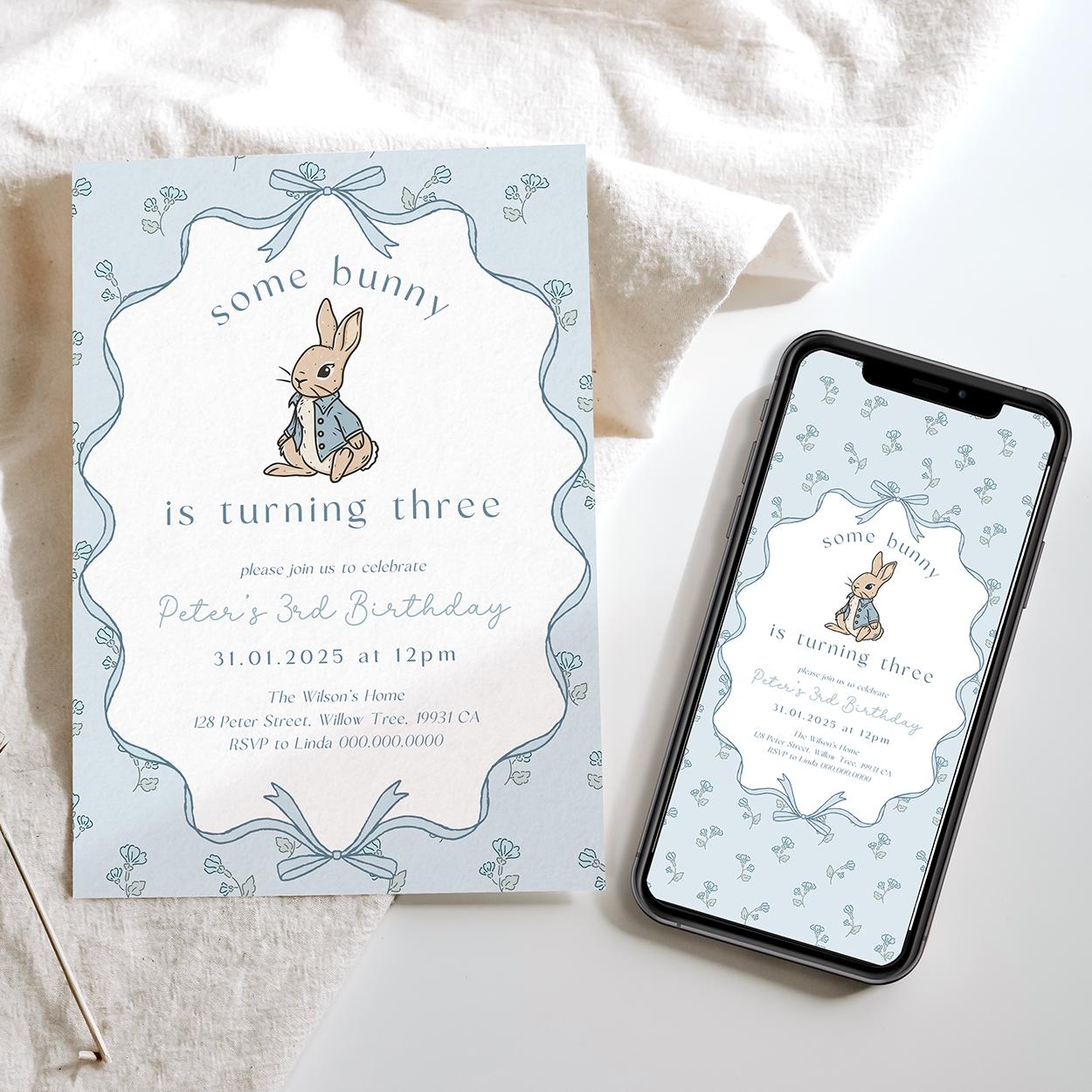 Editable some bunny is three digital invite for boys