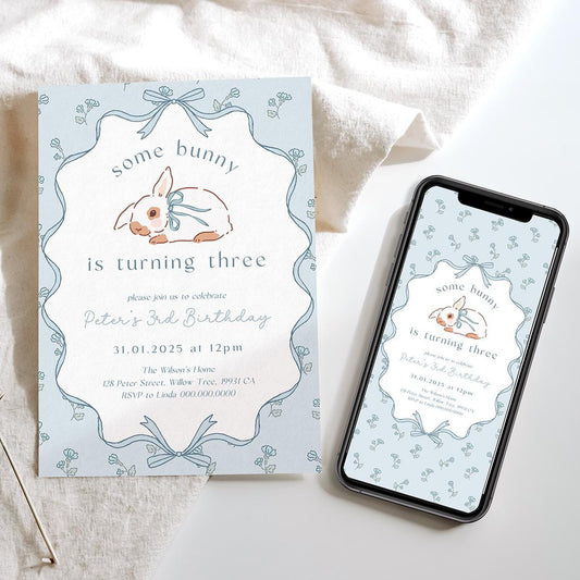 Editable blue bow bunny theme birthday invite