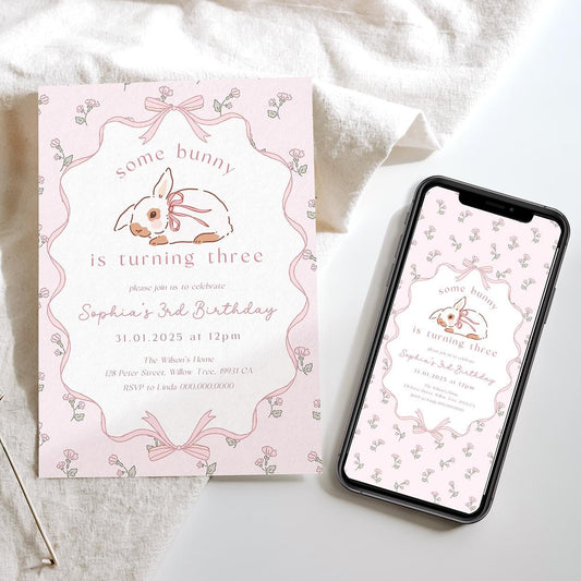 Printable floral bunny invite for girl’s 3rd birthday