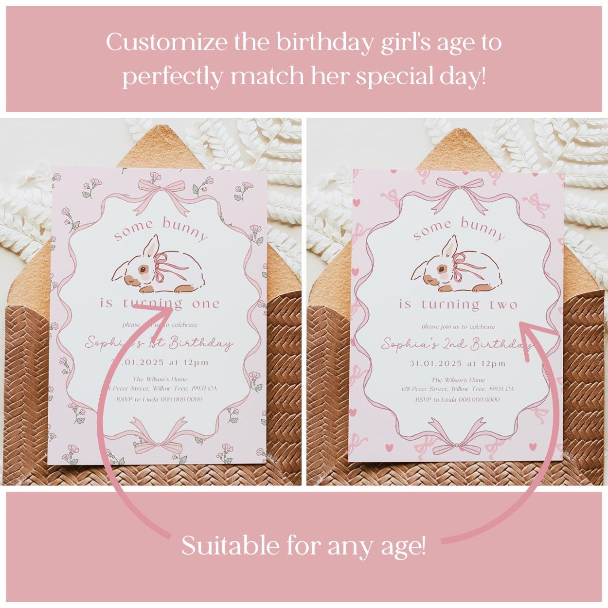 Editable bunny party invitations for girl’s 1st birthday
