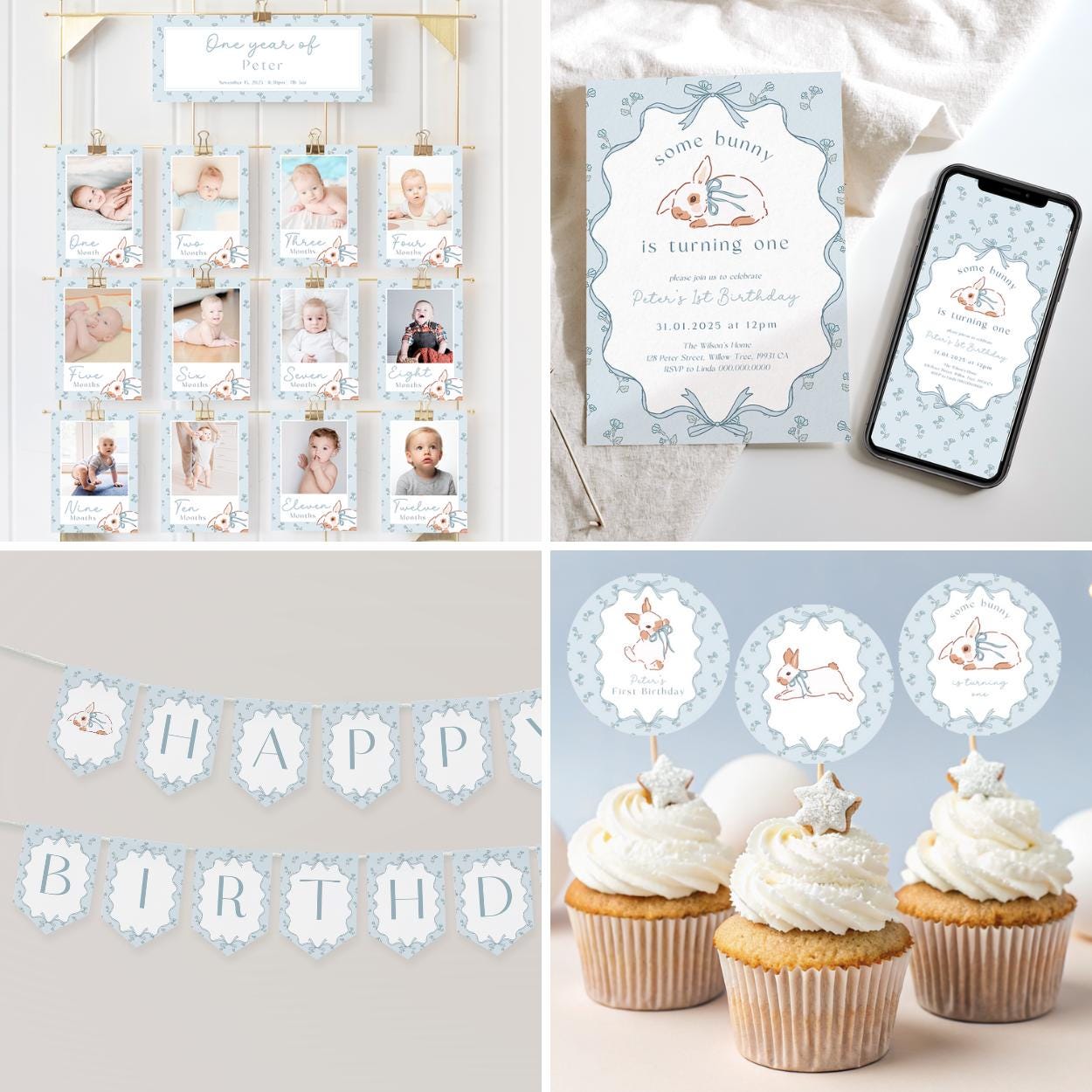Cupcake Toppers with Bunny and Blue Bows – Printable PDF