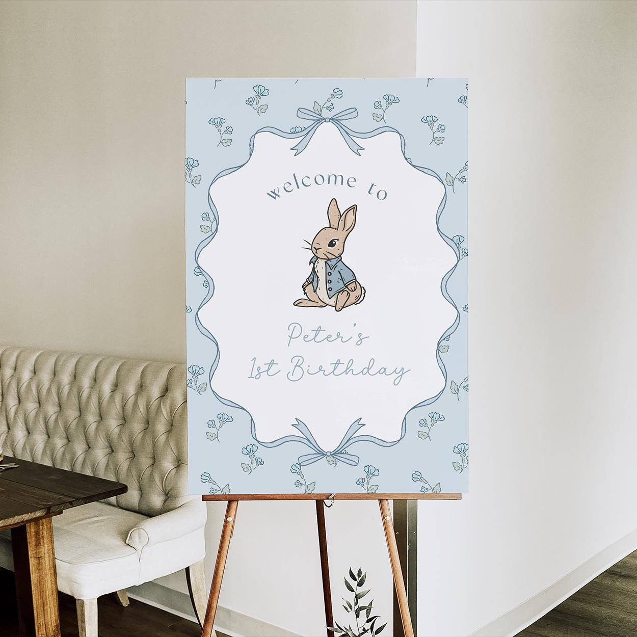 Editable blue bow bunny birthday poster
