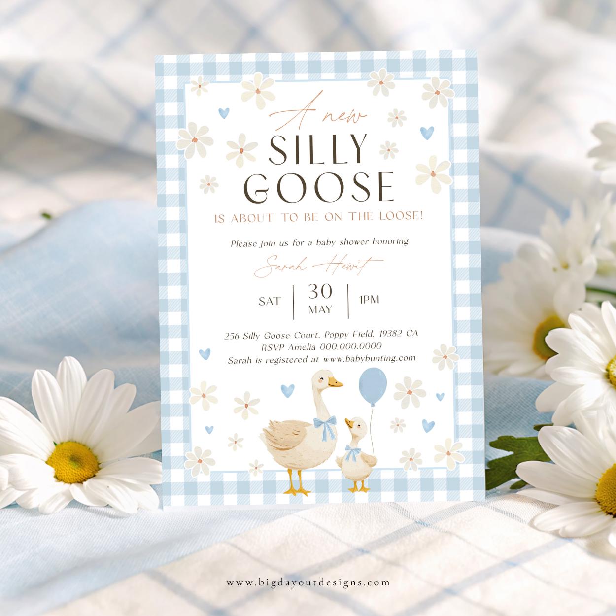 Printable silly goose baby shower invitation blue gingham