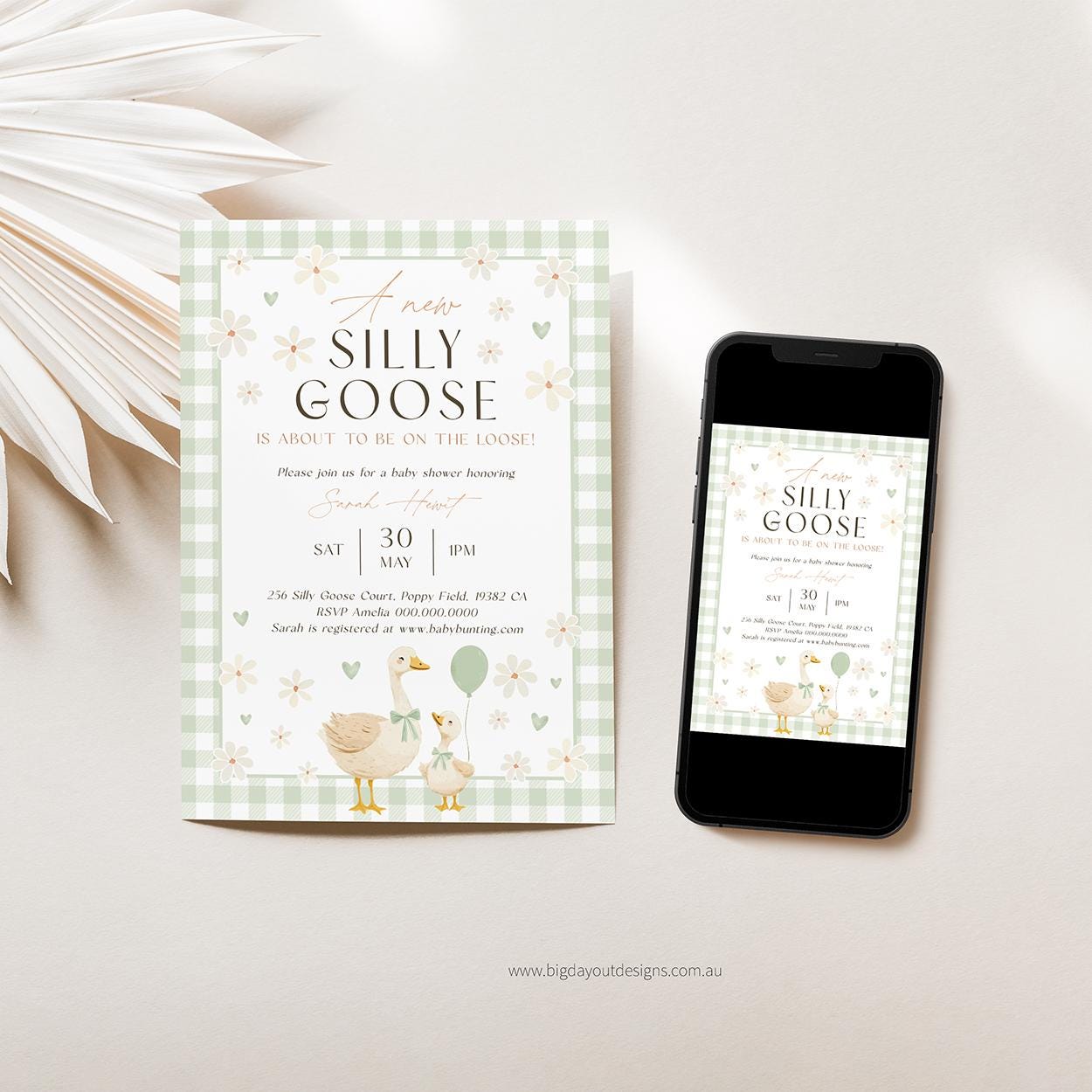 Editable sage green mother goose shower invite