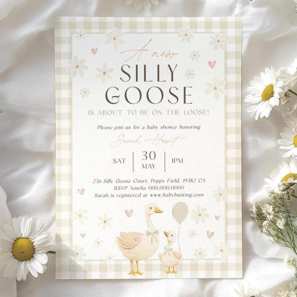 Gender neutral gingham goose baby shower invitation
