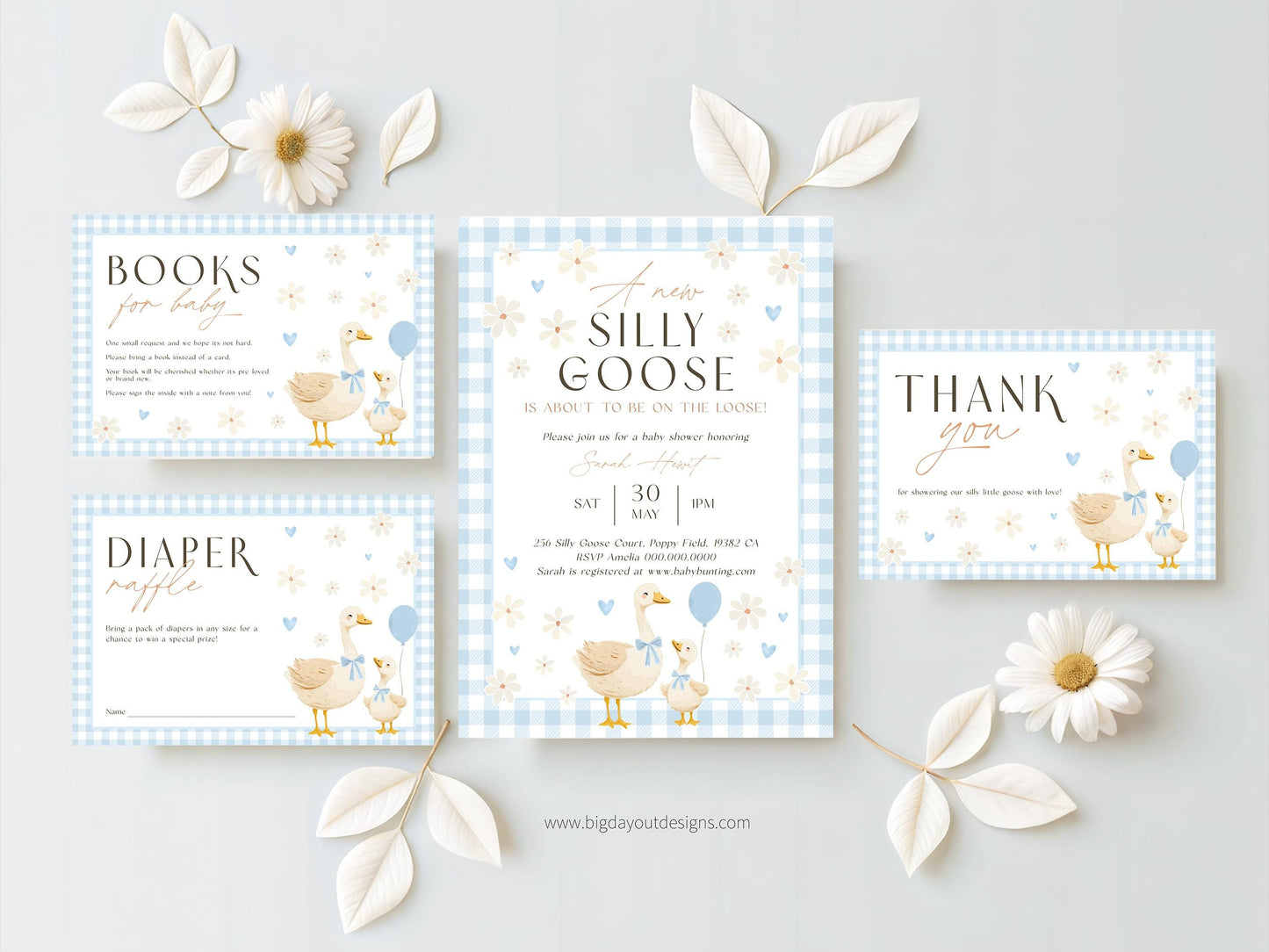 Blue gingham silly goose baby shower invitation